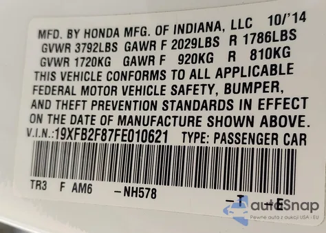 2015 Honda Civic Ex z USA, uszkodzony, nr VIN 19XFB2F87FE010621
